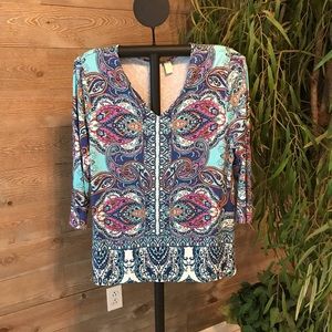 Chico's Blue and Pink Paisley V-Neck Blouse